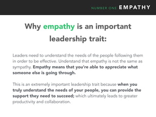 N U M B E R O N E E M PAT H Y
Why empathy is an important
leadership trait:
Leaders need to understand the needs of the pe...