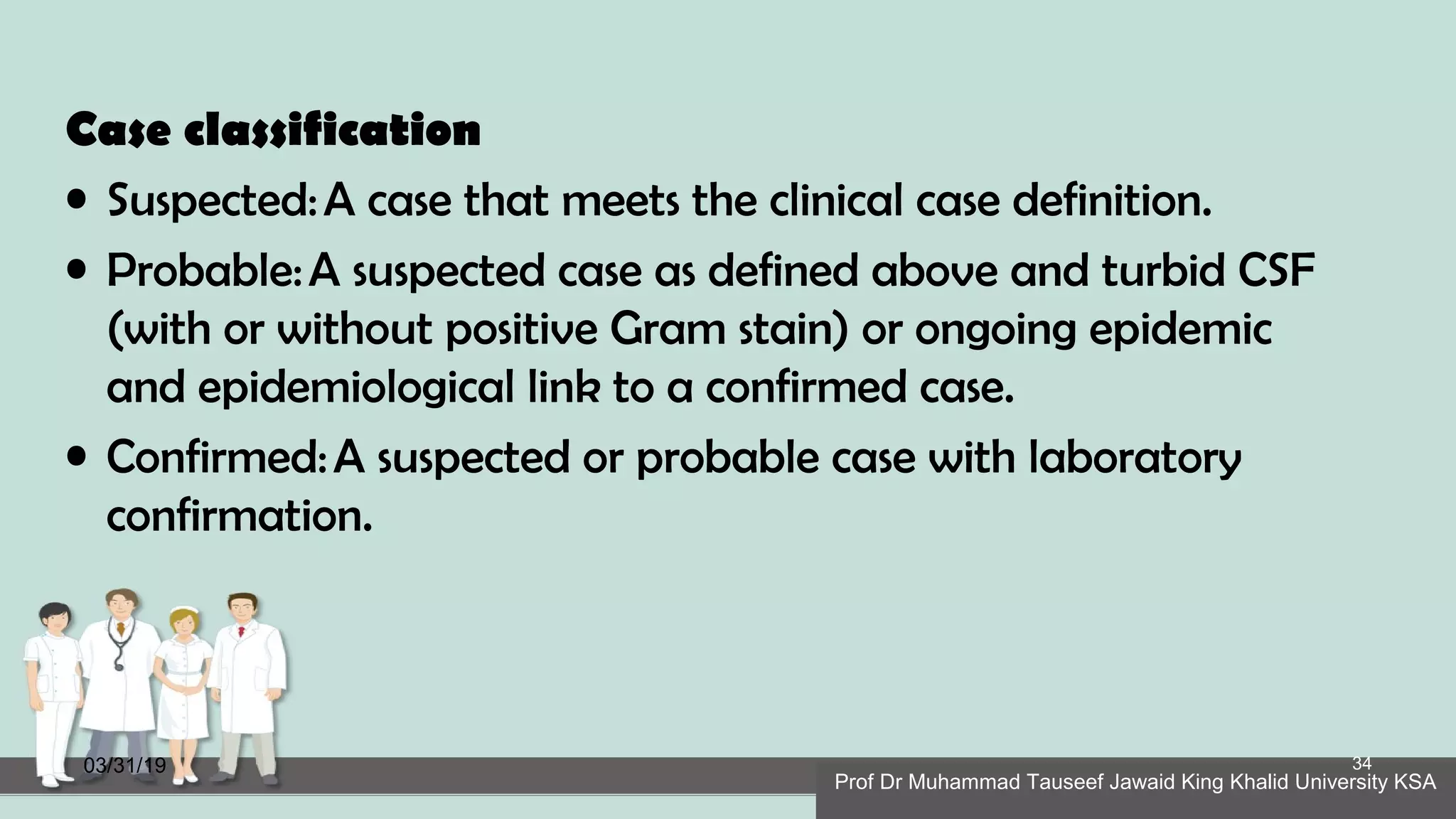 Case classification
• Suspected: A case that meets the clinical case definition.
• Probable: A suspected case as defined above and turbid CSF
(with or without positive Gram stain) or ongoing epidemic
and epidemiological link to a confirmed case.
• Confirmed: A suspected or probable case with laboratory
confirmation.
03/31/19
Prof Dr Muhammad Tauseef Jawaid King Khalid University KSA
34
 