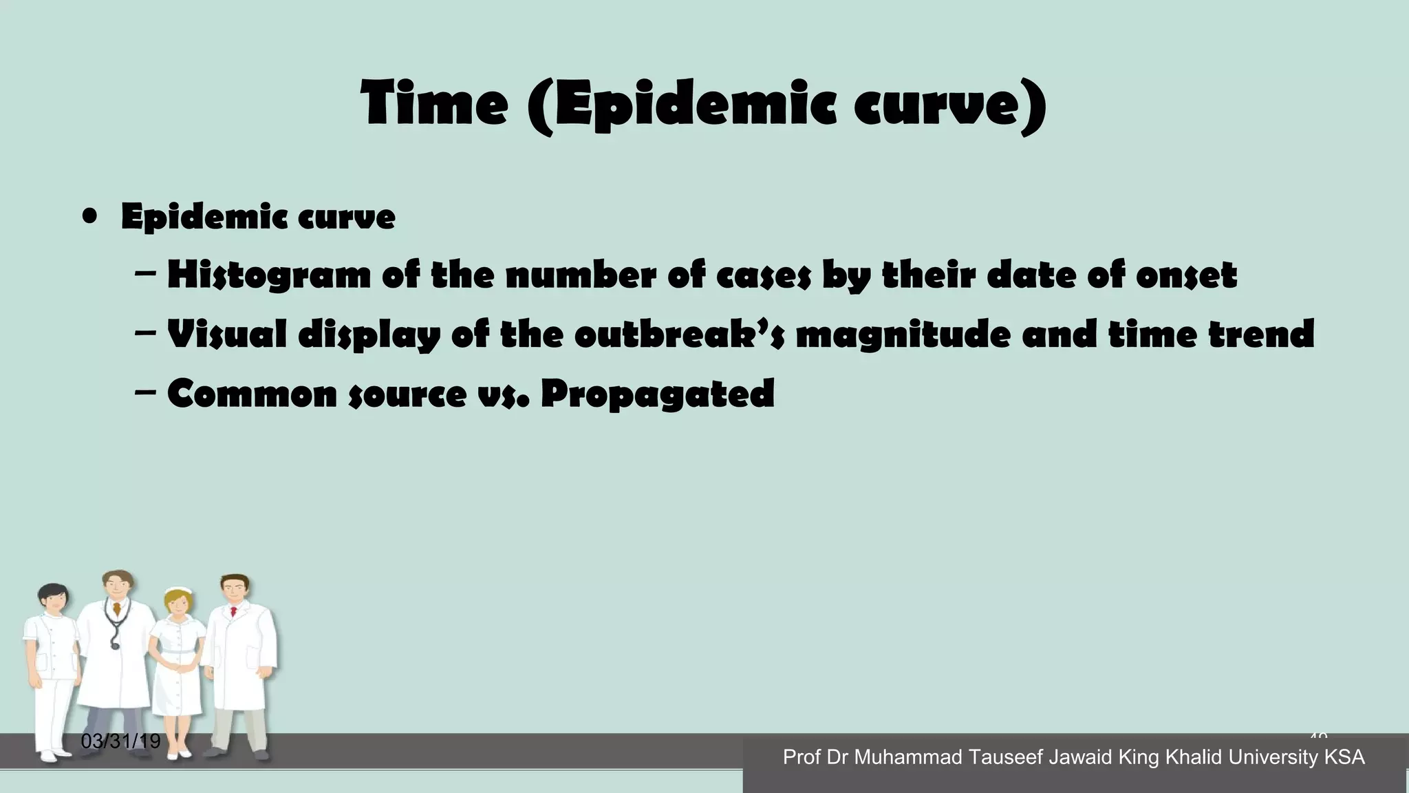 Time (Epidemic curve)
• Epidemic curve
– Histogram of the number of cases by their date of onset
– Visual display of the outbreak’s magnitude and time trend
– Common source vs. Propagated
03/31/19 49
Prof Dr Muhammad Tauseef Jawaid King Khalid University KSA
 