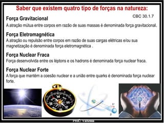 Prof.: Vanessa
Saber que existem quatro tipo de forças na natureza:
CBC 30.1.7
Força Gravitacional
A atração mútua entre corpos em razão de suas massas é denominada força gravitacional.
Força Eletromagnética
A atração ou repulsão entre corpos em razão de suas cargas elétricas e/ou sua
magnetização é denominada força eletromagnética .
Força Nuclear Fraca
Força desenvolvida entre os léptons e os hadrons é denominada força nuclear fraca.
Força Nuclear Forte
A força que mantém a coesão nuclear e a união entre quarks é denominada força nuclear
forte.
 