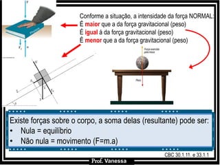 Prof.: VanessaProf.: Vanessa
Conforme a situação, a intensidade da força NORMAL:
É maior que a da força gravitacional (peso)
É igual á da força gravitacional (peso)
É menor que a da força gravitacional (peso)
Prof. Vanessa
CBC 30.1.11. e 33.1.1
Existe forças sobre o corpo, a soma delas (resultante) pode ser:
• Nula = equilíbrio
• Não nula = movimento (F=m.a)
 