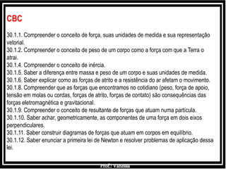 Prof.: Vanessa
CBC
30.1.1. Compreender o conceito de força, suas unidades de medida e sua representação
vetorial.
30.1.2. Compreender o conceito de peso de um corpo como a força com que a Terra o
atrai.
30.1.4. Compreender o conceito de inércia.
30.1.5. Saber a diferença entre massa e peso de um corpo e suas unidades de medida.
30.1.6. Saber explicar como as forças de atrito e a resistência do ar afetam o movimento.
30.1.8. Compreender que as forças que encontramos no cotidiano (peso, força de apoio,
tensão em molas ou cordas, forças de atrito, forças de contato) são consequências das
forças eletromagnética e gravitacional.
30.1.9. Compreender o conceito de resultante de forças que atuam numa partícula.
30.1.10. Saber achar, geometricamente, as componentes de uma força em dois eixos
perpendiculares.
30.1.11. Saber construir diagramas de forças que atuam em corpos em equilíbrio.
30.1.12. Saber enunciar a primeira lei de Newton e resolver problemas de aplicação dessa
lei.
 