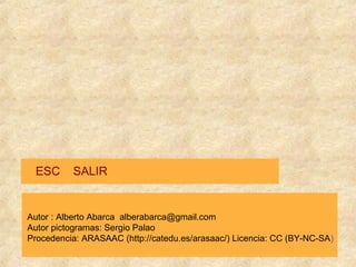 ESC SALIR
Autor : Alberto Abarca alberabarca@gmail.com
Autor pictogramas: Sergio Palao
Procedencia: ARASAAC (http://catedu.es/arasaac/) Licencia: CC (BY-NC-SA)
 