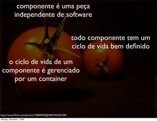 componente é uma peça
             independente de software


                                                      todo componente tem um
                                                      ciclo de vida bem deﬁnido

   o ciclo de vida de um
 componente é gerenciado
     por um container



http://www.ﬂickr.com/photos/19684903@N00/346425180/                               51
Monday, December 7, 2009
 