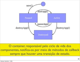 O container, responsável pelo ciclo de vida dos
componentes, notiﬁca-os por meio de métodos de callback
     sempre que houver uma transição de estado.
                                                      59
Monday, December 7, 2009
 