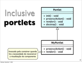 Inclusive
      portlets


                Invocado pelo container quando
                há a necessidade de reconstruir
                 a visualização do componente
                                                  61
Monday, December 7, 2009
 