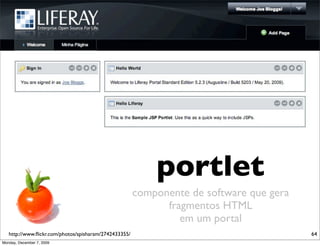 portlet
                                                       componente de software que gera
                                                             fragmentos HTML
                                                                em um portal
   http://www.ﬂickr.com/photos/spisharam/2742433355/                                     64
Monday, December 7, 2009
 