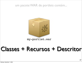 um pacote WAR de portlets contém...




                                   my-portlet.war


Classes + Recursos + Descritor
                                                                 67
Monday, December 7, 2009
 