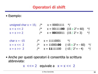 Operatori di shift Esempio: unsigned char x = 15;   /*  x = 00001111  */ x = x << 2     /*  x = 001111 00   (15  x  2 2   = 60)  */ x = x >> 2     /*  x =  00 000011  (15  /  2 2   = 3)  */ char x = -15   /*  x = 11110001  */ x = x <<  2   /*  x = 110001 00   (-15  x  2 2  = - 60)  */ x = x >>  2     /*  x =  11 111100  (-15  /  2 2  = - 4)  */ Anche per questi operatori è consentita la scrittura abbreviata: x  <<= 2  equivale a   x = x <<  2 