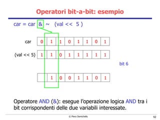 Operatori bit-a-bit: esempio car = car  &  ~  (val <<  5 ) Operatore  AND  ( & ): esegue l’operazione logica  AND  tra i bit corrispondenti delle due variabili interessate. 0 0 1 0 1 1 1 1 1 1 1 1 1 1 1 0 car (val << 5) 0 1 0 1 1 1 0 bit 6 