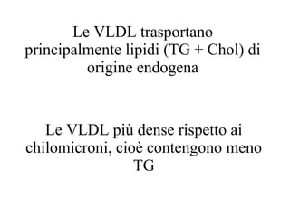 Le VLDL trasportano
principalmente lipidi (TG + Chol) di
origine endogena
Le VLDL più dense rispetto ai
chilomicroni, cioè contengono meno
TG
 