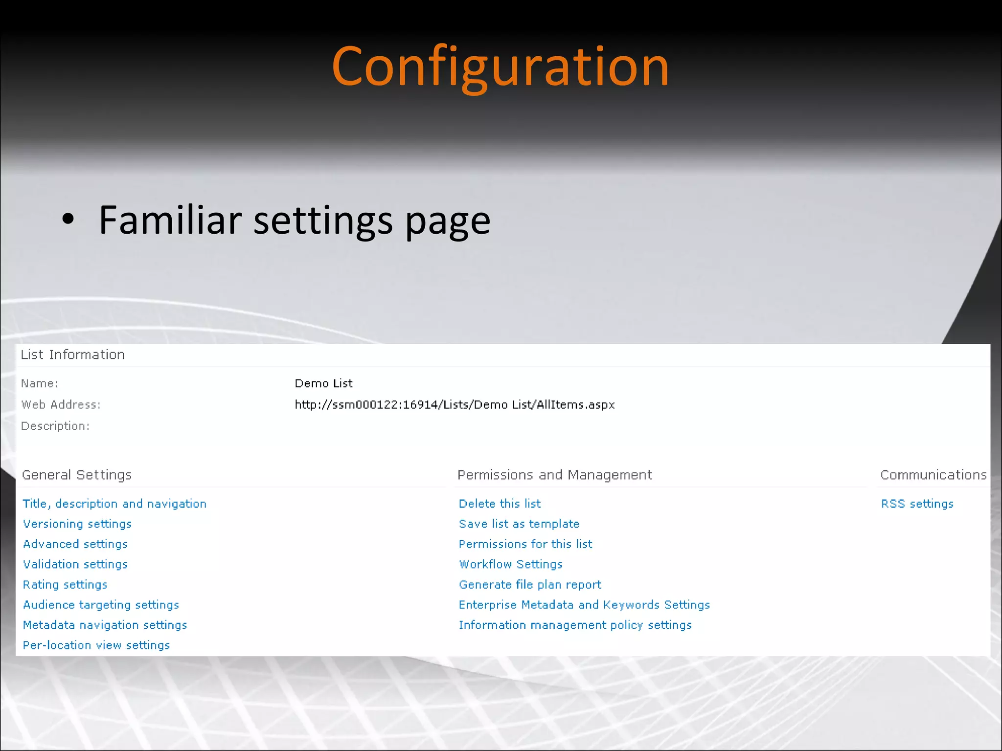 Configuration Familiar settings page 