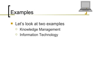 Examples Let’s look at two examples Knowledge Management Information Technology 