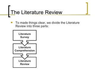 The Literature Review To made things clear, we divide the Literature Review into three parts: Literature Review Literature Comprehension Literature Survey 