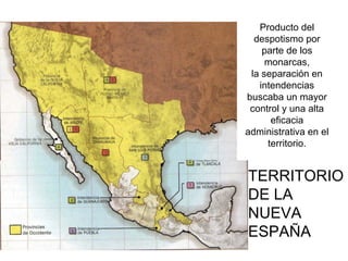 Producto del despotismo por parte de los monarcas, la separación en intendencias buscaba un mayor control y una alta eficacia administrativa en el territorio. TERRITORIO DE LA NUEVA  ESPAÑA 