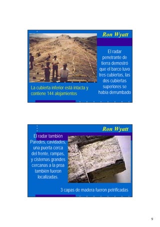 9
Ron Wyatt
El radar
penetrante de
tierra demostró
que el barco tuvo
tres cubiertas, las
dos cubiertas
superiores se
había derrumbado
La cubierta inferior está intacta y
contiene 144 alojamientos
Ron Wyatt
El radar también
Paredes, cavidades,
una puerta cerca
del frente, rampas,
y cisternas grandes
cercanas a la proa
también fueron
localizadas.
3 capas de madera fueron petrificadas
 
