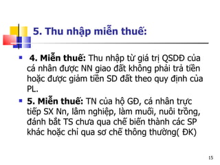 5. Thu nhập miễn thuế:   4. Miễn thuế:  Thu nhập từ giá trị QSDĐ của cá nhân được NN giao đất  không phải trả tiền hoặc được giảm tiền  SD  đất theo quy định của  PL.  5. Miễn thuế:  TN của hộ GĐ, cá nhân trực tiếp SX Nn, lâm nghiệp, làm muối, nuôi trồng, đánh bắt TS chưa qua chế biến thành các SP khác hoặc chỉ qua sơ chế thông thường( ĐK)  