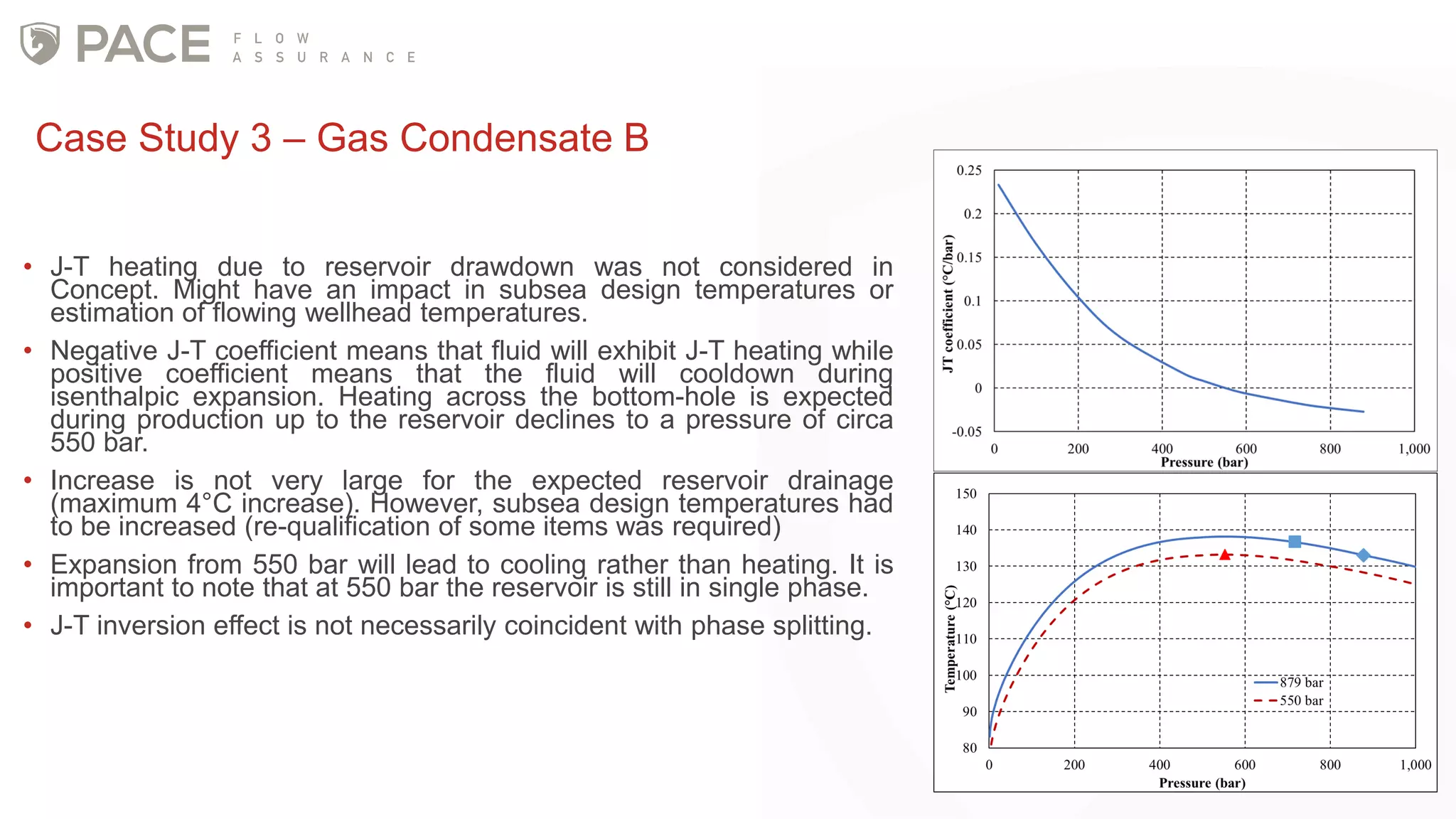 • J-T heating due to reservoir drawdown was not considered in
Concept. Might have an impact in subsea design temperatures or
estimation of flowing wellhead temperatures.
• Negative J-T coefficient means that fluid will exhibit J-T heating while
positive coefficient means that the fluid will cooldown during
isenthalpic expansion. Heating across the bottom-hole is expected
during production up to the reservoir declines to a pressure of circa
550 bar.
• Increase is not very large for the expected reservoir drainage
(maximum 4°C increase). However, subsea design temperatures had
to be increased (re-qualification of some items was required)
• Expansion from 550 bar will lead to cooling rather than heating. It is
important to note that at 550 bar the reservoir is still in single phase.
• J-T inversion effect is not necessarily coincident with phase splitting.
Case Study 3 – Gas Condensate B
 