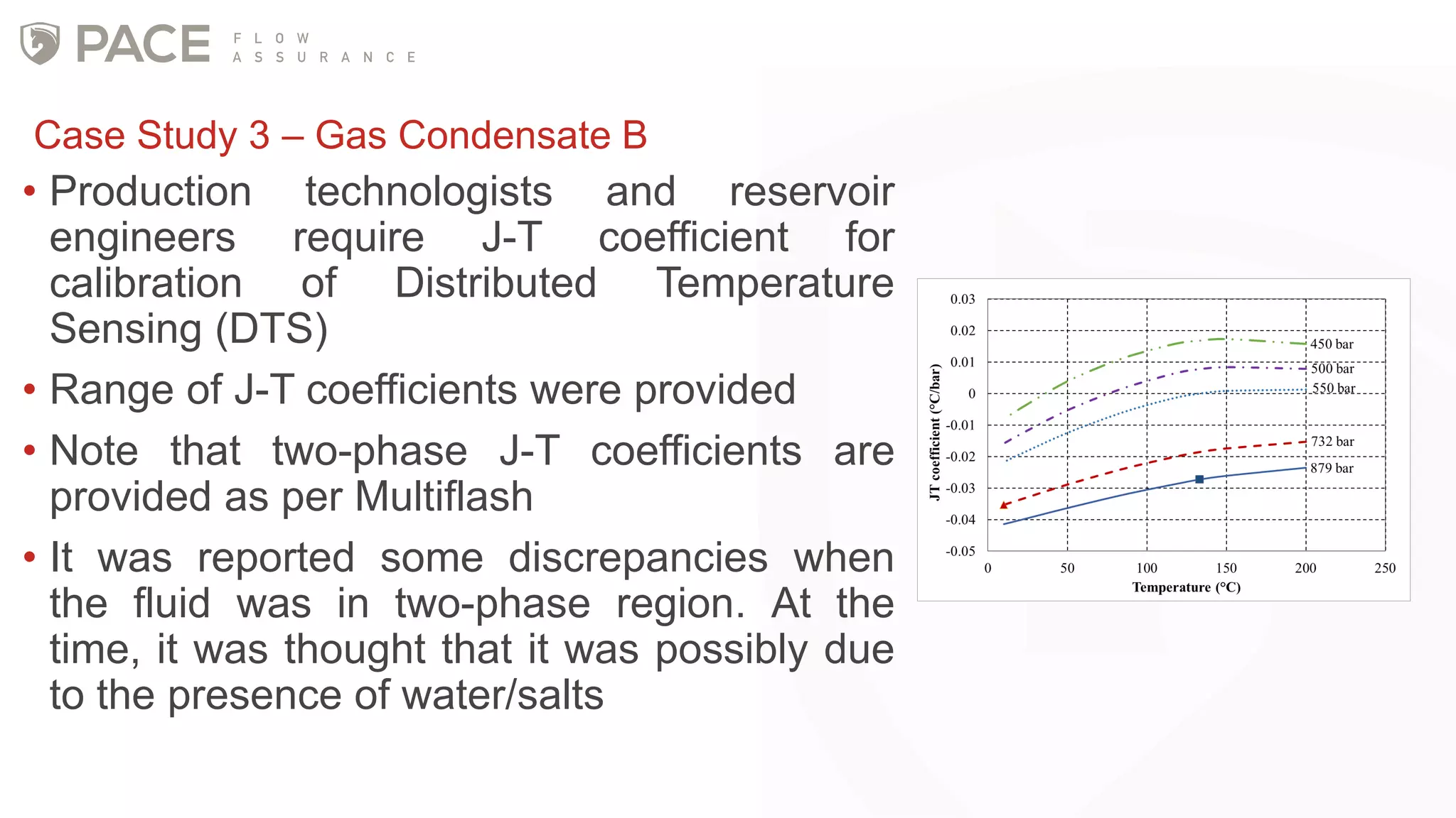 • Production technologists and reservoir
engineers require J-T coefficient for
calibration of Distributed Temperature
Sensing (DTS)
• Range of J-T coefficients were provided
• Note that two-phase J-T coefficients are
provided as per Multiflash
• It was reported some discrepancies when
the fluid was in two-phase region. At the
time, it was thought that it was possibly due
to the presence of water/salts
Case Study 3 – Gas Condensate B
 