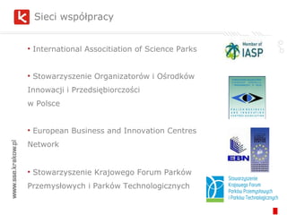 International Associtiation of Science Parks Stowarzyszenie Organizatorów i Ośrodków Innowacji i Przedsiębiorczości  w Polsce European Business and Innovation Centres Network Stowarzyszenie Krajowego Forum Parków Przemysłowych i Parków Technologicznych Sieci współpracy 