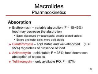 14
Macrolides
Pharmacokinetics
Absorption
► Erythromycin – variable absorption (F = 15-45%);
food may decrease the absorption
• Base: destroyed by gastric acid; enteric coated tablets
• Esters and ester salts: more acid stable
► Clarithromycin – acid stable and well-absorbed (F =
55%) regardless of presence of food
► Azithromycin –acid stable; F = 38%; food decreases
absorption of capsules
► Telithromycin – only available PO; F = 57%
 