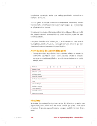 inicialmente. Isto ajudará a direcionar melhor seu dinheiro e contribuir na
economia de recurso.
Todos os gastos e com que foram utilizados devem ser computados, assim é
interessante ter uma lista de materiais com os preços para que possa compa-
rar e fazer a melhor compra.
Para alcançar mercados distantes o produtor deverá buscar não intermediá-
rios, mas sim parceiros, sustentando uma cadeia produtiva justa e que traga
benefícios a todos.
Com posse de todas estas informações, o produtor se torna consciente de
seu negócio e, a cada safra, evolui a produção e o lucro, à medida que iden-
tifica as melhores técnicas e os melhores negócios.
Atividades de aprendizagem
1.	 Planeje seu cultivo segundo um cronograma em relação ao tempo, in-
vestimentos segundo os custos e lucros previstos, seleção de pessoal e
treinamento e todas as atividades a serem implementadas a curto, médio
e longo prazo.
Atividade
Avaliação do local
Definição da espécie
Definição do material
Limpeza das estruturas
Identificação de pessoal/parceiros
Custos
Custo com liberação
Aquisição de sementes
Compra de material
Contratação de pessoal
Despesa com combustível
J F M A M J J A S O N D
Resumo
Nesta aula, vimos sobre o básico sobre a gestão do cultivo, com os pontos mais
importantes para a planificação dos dados. Sempre que puder, conte com a
consultoria de pessoas especializadas na área para ajudá-lo no início do pro-
cesso.
Cultivo de organismos aquáticos - Malacoculturae-Tec Brasil 380
 