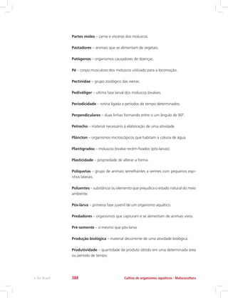 Partes moles – carne e vísceras dos moluscos.
Pastadores – animais que se alimentam de vegetais.
Patógenos – organismos causadores de doenças.
Pé – corpo musculoso dos moluscos utilizado para a locomoção.
Pectinidae – grupo zoológico das vieiras.
Pedivéliger – ultima fase larval dos moluscos bivalves.
Periodicidade – rotina ligada a períodos de tempo determinados.
Perpendiculares – duas linhas formando entre si um ângulo de 90º.
Petrecho – material necessário à elaboração de uma atividade.
Plâncton – organismos microscópicos que habitam a coluna de água.
Plantígrados – moluscos bivalve recém-fixados (pós-larvas).
Plasticidade – propriedade de alterar a forma.
Poliquetas – grupo de animais semelhantes a vermes com pequenos espi-
nhos laterais.
Poluentes – substância ou elemento que prejudica o estado natural do meio
ambiente.
Pós-larva – primeira fase juvenil de um organismo aquático.
Predadores – organismos que capturam e se alimentam de animais vivos.
Pré-semente – o mesmo que pós-larva.
Produção biológica – material decorrente de uma atividade biológica.
Produtividade – quantidade de produto obtido em uma determinada área
ou período de tempo.
Cultivo de organismos aquáticos - Malacoculturae-Tec Brasil 388
 