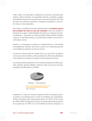 e-Tec Brasil289
Porém, devem ser observadas as exigências do mercado consumidor para
produzir moluscos bivalves, em quantidade suficiente, mantendo o padrão
de qualidade sanitária e das características comerciais do produto final, fato
que gera uma crescente concorrência, obrigando os produtores a se torna-
rem cada vez mais capacitados.
No entanto, a qualidade do produto depende tanto do produtor quanto
das condições do meio em que são cultivados como, por exemplo, a
temperatura da água, a disponibilidade de alimento e a presença de agen-
tes poluentes - isso porque os moluscos bivalves obtêm alimento filtrando
a água e, se ela estiver poluída, os contaminantes podem se acumular na
carne destes animais.
Portanto, a conservação do ambiente é fundamental para a manutenção
da qualidade dos moluscos, além de ser o ponto mais importante para das
comunidades que exploram os recursos naturais.
O cultivo de moluscos deve ser tratado como uma nova forma de explorar
os recursos naturais marinhos, onde a produção é o reflexo da qualidade do
meio ambiente e o produtor um agente na conservação da natureza.
Os moluscos bivalves representam 27% de toda a produção mundial de pes-
cado cultivado, gerando trabalho e renda em todos os locais que possuem
condições para desenvolver a atividade.
Figura 1.4 Percentagem de molusco e de
fauna associada nas redes de cultivo
Fonte: acervo do autor
Atualmente, o cultivo de moluscos representa 4,8% da produção aquíco-
la nacional, com destaque para o cultivo de mexilhões, que corresponde a
79,5% da produção total, seguido pelas ostras, com 20,5%. Entre os anos
de 1996 a 2004 a produção de moluscos foi praticamente toda concentra-
da na região Sul, com 95% (12,5 mil toneladas) do total da produção, e a
Aula 1 - O cultivo de moluscos bivalves
 