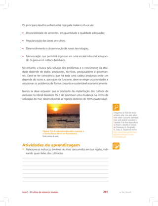 e-Tec Brasil291
Os principais desafios enfrentados hoje pela malacocultura são:
•	 Disponibilidade de sementes, em quantidade e qualidade adequadas;
•	 Regularização das áreas de cultivo;
•	 Desenvolvimento e disseminação de novas tecnologias;
•	 Mecanização que permitirá ingressar em uma escala industrial integran-
do os pequenos cultivos familiares.
No entanto, a busca pela solução dos problemas e o crescimento da ativi-
dade depende de todos: produtores, técnicos, pesquisadores e governan-
tes. Deve-se ter consciência que há toda uma cadeia produtiva onde um
depende do outro e, para que ela funcione, deve-se eleger as prioridades e
solucionar os problemas de forma conjunta e sustentável economicamente.
Nunca se deve esquecer que o propósito da implantação dos cultivos de
molusco no litoral brasileiro foi o de promover uma mudança na forma de
utilização do mar, desenvolvendo as regiões costeiras de forma sustentável.
Figura 1.6 A convivência entre a pesca e
a maricultura deve ser harmônica.
Fonte: acervo do autor
Chegamos ao final de nossa
primeira aula, mas para saber
mais sobre o assunto abordado
hoje você poderá consultar o
Capítulo 1 do livro Aquicultura
no Brasil: o desafio é crescer,
de Ostrensky,A.; Borghetti, J.
R.; Soto, D., disponível no link:
http://www.mpa.gov.br/mpa/
legislacao/AQUICULTURA_
COMPLETO.pdf
Atividades de aprendizagem
1.	 Relacione os moluscos bivalves são mais consumidos em sua região, indi-
cando quais deles são cultivados.
Aula 1 - O cultivo de moluscos bivalves
 