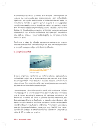 e-Tec Brasil301
Figura 3.6 Cultivo flutuante do
tipo espinhel ou”long-line”
Fonte: acervo do autor
As dimensões das balsas e o número de flutuadores também podem ser
variáveis. São recomendadas para locais protegidos e com profundidades
superiores a 4 m. Podem ser construídas de diferentes materiais, porém são
normalmente mantidas na superfície por um conjunto de bobonas plásticas
como bóias encaixadas em uma armação de madeira, ancorada por quanti-
dade mínima de cabo de comprimento equivalente a 3 vezes a profundidade
do local. Os flutuadores também podem ser de isopor ou compensado naval
protegido com fibra de vidro. O sistema de ancoragem para o fundeio da
balsa pode ser feito por 4 cabos ligados às poitas (ou mortas de concreto,
variando o peso).
Geralmente as balsas são utilizadas apenas como equipamentos no apoio
para os trabalhos diários, como a confecção das redes e manejos pós-colhei-
ta como a limpeza do produto antes da comercialização.
b. Long-line (espinhel)
O uso de long-line ou espinhel é o que melhor se adapta a regiões de baixa
profundidade e sujeita à ação do vento e ondas. Mas, também, estes cultivos
flutuantes permitem utilizar áreas mais afastadas da costa, com uma maior
coluna d’água. Com este sistema há maior produtividade por área, porém
requerem maior investimento de implantação.
Este sistema tem como base um cabo mestre, com diâmetro e tamanho
variando segundo as condições econômicas do maricultor e da dinâmica do
local de cultivo. Normalmente apresenta 100 metros de comprimento e é
direcionado no sentido das ondas ou correntes de maior intensidade, sen-
do dispostos paralelamente. Sua fixação se faz pelas extremidades do cabo
mestre utilizando blocos ou mortos de concreto ou estacas de ferro fixadas
no sedimento por mergulhadores autônomos. Permanecem suspensos na
superfície do mar por flutuadores com volume entre 20 e 200 litros, confec-
cionados sem padrão e de diferentes materiais, sustentando uma produção
média de 4,5 toneladas por long-line.
Aula 3 - Tecnologia de cultivo
 