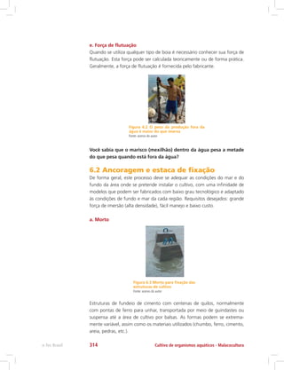 e. Força de flutuação
Quando se utiliza qualquer tipo de boia é necessário conhecer sua força de
flutuação. Esta força pode ser calculada teoricamente ou de forma prática.
Geralmente, a força de flutuação é fornecida pelo fabricante.
Figura 6.2 O peso da produção fora da
água é maior do que imersa
Fonte: acervo do autor
Você sabia que o marisco (mexilhão) dentro da água pesa a metade
do que pesa quando está fora da água?
6.2 Ancoragem e estaca de fixação	
De forma geral, este processo deve se adequar as condições do mar e do
fundo da área onde se pretende instalar o cultivo, com uma infinidade de
modelos que podem ser fabricados com baixo grau tecnológico e adaptado
às condições de fundo e mar da cada região. Requisitos desejados: grande
força de imersão (alta densidade), fácil manejo e baixo custo.
a. Morto
Figura 6.3 Morto para fixação das
estruturas de cultivo
Fonte: acervo do autor
Estruturas de fundeio de cimento com centenas de quilos, normalmente
com pontas de ferro para unhar, transportada por meio de guindastes ou
suspensa até a área de cultivo por balsas. As formas podem se extrema-
mente variável, assim como os materiais utilizados (chumbo, ferro, cimento,
areia, pedras, etc.).
Cultivo de organismos aquáticos - Malacoculturae-Tec Brasil 314
 