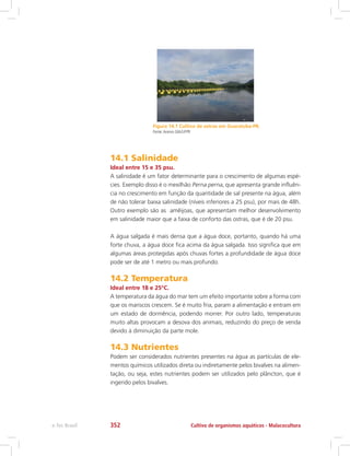 Figura 14.1 Cultivo de ostras em Guaratuba-PR.
Fonte:Acervo GIA/UFPR
14.1 Salinidade
Ideal entre 15 e 35 psu.
A salinidade é um fator determinante para o crescimento de algumas espé-
cies. Exemplo disso é o mexilhão Perna perna, que apresenta grande influên-
cia no crescimento em função da quantidade de sal presente na água, além
de não tolerar baixa salinidade (níveis inferiores a 25 psu), por mais de 48h.
Outro exemplo são as amêijoas, que apresentam melhor desenvolvimento
em salinidade maior que a faixa de conforto das ostras, que é de 20 psu.
A água salgada é mais densa que a água doce, portanto, quando há uma
forte chuva, a água doce fica acima da água salgada. Isso significa que em
algumas áreas protegidas após chuvas fortes a profundidade de água doce
pode ser de até 1 metro ou mais profundo.
14.2 Temperatura
Ideal entre 18 e 25°C.
A temperatura da água do mar tem um efeito importante sobre a forma com
que os mariscos crescem. Se é muito fria, param a alimentação e entram em
um estado de dormência, podendo morrer. Por outro lado, temperaturas
muito altas provocam a desova dos animais, reduzindo do preço de venda
devido à diminuição da parte mole.
14.3 Nutrientes
Podem ser considerados nutrientes presentes na água as partículas de ele-
mentos químicos utilizados direta ou indiretamente pelos bivalves na alimen-
tação, ou seja, estes nutrientes podem ser utilizados pelo plâncton, que é
ingerido pelos bivalves.
Cultivo de organismos aquáticos - Malacoculturae-Tec Brasil 352
 