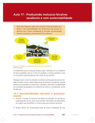 e-Tec Brasil365Aula 17 - Produzindo moluscos bivalves saudáveis e com sustentabilidade
Aula 17 -	Produzindo moluscos bivalves 		
	 saudáveis e com sustentabilidade
Nesta aula falaremos sobre como produzir moluscos bivalves sau-
dáveis e com sustentabilidade. Ao concluirmos este assunto es-
peramos que o aluno compreenda as principais recomendações
durante a produção e processamento dos moluscos.
Figura 17.1 Problemas ambientais decorrentes da maricultura
Fonte:Acervo do autor
Incremento na
Ciclagem de
nutrientes
É fundamental que os moluscos bivalves sejam cultivados em um ambiente
de ótima qualidade, pois se o meio for saudável, o molusco também o será
e o maricultor evitará problemas com venda de seu produto.
Biossegurança é um termo utilizado na indústria animal para descrever as me-
didas tomadas contra o desencadeamento de doenças contagiosas, criando
barreiras que protejam os organismos cultivados, reduzindo a probabilidade
de introdução de patógenos no ambiente de cultivo e, consequente, surtos
de doenças.
17.1 Recomendações durante o processa-
mento
•	 Durante o manejo os moluscos não devem ser deixados fora da água e
superaquecidos ao sol, assim como também não podem ser depositados
em lugares que possibilitem a contaminação por produtos químicos.
•	 Bivalves devem ser armazenados longe do chão e embalados de uma
 