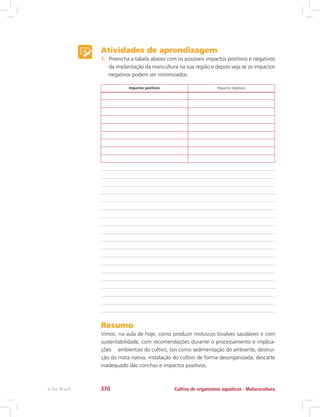Atividades de aprendizagem
1.	 Preencha a tabela abaixo com os possíveis impactos positivos e negativos
da implantação da maricultura na sua região e depois veja se os impactos
negativos podem ser minimizados.
Impactos positivos Impactos negativos
Resumo
Vimos, na aula de hoje, como produzir moluscos bivalves saudáveis e com
sustentabilidade, com recomendações durante o processamento e implica-
ções ambientais do cultivo, tais como sedimentação do ambiente, destrui-
ção da mata nativa, instalação do cultivo de forma desorganizada, descarte
inadequado das conchas e impactos positivos.
Cultivo de organismos aquáticos - Malacoculturae-Tec Brasil 370
 