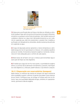 e-Tec Brasil373Aula 18 - Depuração
Figura 18.2 Unidade depuradora de
ostras em Cananéia-SP
Fonte: Gilberto Manzoni
1) A água para a purificação deve ser limpa e não deve ser utilizada ou retira-
da de qualquer lugar perto de pontos de lançamento de esgoto (efluentes),
emissários ou quaisquer outras fontes de poluição. Você também precisa ser
cuidadoso e observar se a água não é demasiada lamacenta ou com mate-
rial em suspensão que, além de comprometer o produto final, inviabiliza a
purificação com lâmpada de luz ultravioleta, devido à presença de partículas
em suspensão na água.
2) A água de depuração precisar apresentar a mesma temperatura e salini-
dade da água do mar em que estavam os moluscos. Um cuidadoso equilíbrio
precisa ser mantido, fornecendo-se bastante oxigênio e mantendo a tempe-
ratura em níveis adequados para o conforto de cada espécie.
3) Níveis baixos de sal fazem com que o molusco pare de bombear água e
assim pare de limpar seu trato digestório;
4) À medida que a água do mar fica mais quente, a quantidade de oxigênio
diminui, os animais não se alimentam normalmente e, portanto, não limpam
seu trato digestivo ou, ainda pior, podem desovar, o que elevaria o prejuízo.
18.1.1 Depuração em reservatórios (tanques)
Neste sistema, os moluscos são imersos em tanques com água corrente de
ótima qualidade e passam a eliminar os germes que podem causar doenças
de seu interior. Certifique-se que, ao carregar um tanque vazio com os mo-
luscos, haja uma quantidade adequada de água, evitando um superpovoa-
mento, que levará a falta de oxigênio.
 