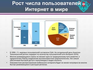 Рост числа пользователей
Интернет в мире
• В 1996 г. ⅔ мировых пользователей составляли США. На сегодняшний день Азиатско-
Тихоокеанский регион лидирует по количеству пользователей сети Интернет (41%).
• Многие развивающиеся страны не желают идти по традиционному пути развития, и
предпочитают DialUp-соединению высокоскоростное широкополосное, тем самым
обеспечивая быстрый доступ к мультимедиа и видео контенту.
• Повсеместное распространение мобильного интернета будет не менее популярно во многих
быстро развивающихся и растущих регионах.
 