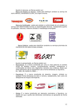 12
Quanto à natureza, as Marcas podem ser:
Marca de Produto ou Serviço: usada para distinguir produto ou serviço de
outro idêntico, semelhante ou afim, de origem diversa.
Marca de Certificação: usada para atestar a conformidade de um produto ou
serviço com determinadas normas ou especificações técnicas, notadamente quanto
à qualidade, natureza, material utilizado e metodologia empregada.
Marca Coletiva: usada para identificar produtos ou serviços provindos de
membros de uma determinada entidade.
Quanto à apresentação, as Marcas podem ser:
- Nominativas: É a marca constituída por uma ou mais palavras no sentido
amplo do alfabeto romano, compreendendo, também, neologismos e
combinações de letras e/ou algarismos romanos e/ou arábicos, desde que
esses elementos não se apresentem sob a forma fantasiosa ou figurativa.
Ex.: IBM, 3M, ALPHA IV, BMW ...
- Figurativas: É a marca constituída de desenho, imagem, símbolo ou
qualquer forma fantasiosa de letra e número, isoladamente, bem como de
ideogramas de línguas estrangeiras.
- Mistas: É a marca constituída por elemento nominativo e figurativo, ou
aquela em que a grafia dos elementos nominativos se apresente de forma
estilizada.
 