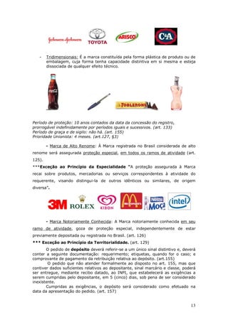 13
- Tridimensionais: É a marca constituída pela forma plástica de produto ou de
embalagem, cuja forma tenha capacidade distintiva em si mesma e esteja
dissociada de qualquer efeito técnico.
Período de proteção: 10 anos contados da data da concessão do registro,
prorrogável indefinidamente por períodos iguais e sucessivos. (art. 133)
Período de graça e de sigilo: não há. (art. 155)
Prioridade Unionista: 4 meses. (art.127, §3)
- Marca de Alto Renome: À Marca registrada no Brasil considerada de alto
renome será assegurada proteção especial, em todos os ramos de atividade (art.
125).
***Exceção ao Princípio da Especialidade “A proteção assegurada à Marca
recai sobre produtos, mercadorias ou serviços correspondentes à atividade do
requerente, visando distingui-la de outros idênticos ou similares, de origem
diversa”.
- Marca Notoriamente Conhecida: A Marca notoriamente conhecida em seu
ramo de atividade, goza de proteção especial, independentemente de estar
previamente depositada ou registrada no Brasil. (art. 126)
*** Exceção ao Princípio da Territorialidade. (art. 129)
O pedido de depósito deverá referir-se a um único sinal distintivo e, deverá
conter a seguinte documentação: requerimento; etiquetas, quando for o caso; e
comprovante de pagamento da retribuição relativa ao depósito. (art.155)
O pedido que não atender formalmente ao disposto no art. 155, mas que
contiver dados suficientes relativos ao depositante, sinal marcário e classe, poderá
ser entregue, mediante recibo datado, ao INPI, que estabelecerá as exigências a
serem cumpridas pelo depositante, em 5 (cinco) dias, sob pena de ser considerado
inexistente.
Cumpridas as exigências, o depósito será considerado como efetuado na
data da apresentação do pedido. (art. 157)
 