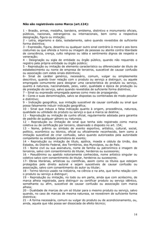 14
Não são registráveis como Marca (art.124):
1 - Brasão, armas, medalha, bandeira, emblema, distintivo e monumento oficiais,
públicos, nacionais, estrangeiros ou internacionais, bem como a respectiva
designação, figura ou imitação;
2 - Letra, algarismo e data, isoladamente, salvo quando revestidos de suficiente
forma distintiva;
3 - Expressão, figura, desenho ou qualquer outro sinal contrário à moral e aos bons
costumes ou que ofenda a honra ou imagem de pessoas ou atente contra liberdade
de consciência, crença, culto religioso ou idéia e sentimento dignos de respeito e
veneração;
4 - Designação ou sigla de entidade ou órgão público, quando não requerido o
registro pela própria entidade ou órgão público;
5 - Reprodução ou imitação de elemento característico ou diferenciador de título de
estabelecimento ou nome de empresa de terceiros, suscetível de causar confusão
ou associação com estes sinais distintivos;
6- Sinal de caráter genérico, necessário, comum, vulgar ou simplesmente
descritivo, quando tiver relação com o produto ou serviço a distinguir, ou aquele
empregado comumente para designar uma característica do produto ou serviço,
quanto à natureza, nacionalidade, peso, valor, qualidade e época de produção ou
de prestação do serviço, salvo quando revestidos de suficiente forma distintiva;
7 - Sinal ou expressão empregada apenas como meio de propaganda;
8 - Cores e suas denominações, salvo se dispostas ou combinadas de modo peculiar
e distintivo;
9 - Indicação geográfica, sua imitação suscetível de causar confusão ou sinal que
possa falsamente induzir indicação geográfica;
10 - Sinal que induza a falsa indicação quanto à origem, procedência, natureza,
qualidade ou utilidade do produto ou serviço a que a marca se destina;
11 - Reprodução ou imitação de cunho oficial, regularmente adotada para garantia
de padrão de qualquer gênero ou natureza;
12 - Reprodução ou imitação de sinal que tenha sido registrado como marca
coletiva ou de certificação por terceiro, observado o disposto no art. 154;
13 - Nome, prêmio ou símbolo de evento esportivo, artístico, cultural, social,
político, econômico ou técnico, oficial ou oficialmente reconhecido, bem como a
imitação suscetível de criar confusão, salvo quando autorizados pela autoridade
competente ou entidade promotora do evento;
14 - Reprodução ou imitação de título, apólice, moeda e cédula da União, dos
Estados, do Distrito Federal, dos Territórios, dos Municípios, ou de País;
15 - Nome civil ou sua assinatura, nome de família ou patronímico e imagem de
terceiros, salvo com consentimento do titular, herdeiros ou sucessores;
16 - Pseudônimo ou apelido notoriamente conhecidos, nome artístico singular ou
coletivo salvo com consentimento do titular, herdeiros ou sucessores;
17- Obras literárias, artísticas ou científicas, assim como os títulos que estejam
protegidos pelo direito autoral e sejam suscetíveis de causar confusão ou
associação, salvo com consentimento do autor ou titular;
18 - Termo técnico usado na indústria, na ciência e na arte, que tenha relação com
o produto ou serviço a distinguir;
19 - Reprodução ou imitação, no todo ou em parte, ainda que com acréscimo, de
marca alheia registrada, para distinguir ou certificar produto ou serviço idêntico,
semelhante ou afim, suscetível de causar confusão ou associação com marca
alheia;
20 - Dualidade de marcas de um só titular para o mesmo produto ou serviço, salvo
quando, no caso de marcas de mesma natureza, se revestirem de suficiente forma
distintiva;
21 - A forma necessária, comum ou vulgar do produto ou de acondicionamento, ou,
ainda, aquela que não possa ser dissociada de efeito técnico;
 