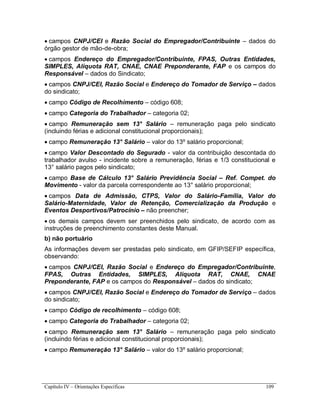 Capítulo IV – Orientações Específicas 109
 campos CNPJ/CEI e Razão Social do Empregador/Contribuinte – dados do
órgão gestor de mão-de-obra;
 campos Endereço do Empregador/Contribuinte, FPAS, Outras Entidades,
SIMPLES, Alíquota RAT, CNAE, CNAE Preponderante, FAP e os campos do
Responsável – dados do Sindicato;
 campos CNPJ/CEI, Razão Social e Endereço do Tomador de Serviço – dados
do sindicato;
 campo Código de Recolhimento – código 608;
 campo Categoria do Trabalhador – categoria 02;
 campo Remuneração sem 13° Salário – remuneração paga pelo sindicato
(incluindo férias e adicional constitucional proporcionais);
 campo Remuneração 13° Salário – valor do 13º salário proporcional;
 campo Valor Descontado do Segurado - valor da contribuição descontada do
trabalhador avulso - incidente sobre a remuneração, férias e 1/3 constitucional e
13° salário pagos pelo sindicato;
 campo Base de Cálculo 13° Salário Previdência Social – Ref. Compet. do
Movimento - valor da parcela correspondente ao 13° salário proporcional;
 campos Data de Admissão, CTPS, Valor do Salário-Família, Valor do
Salário-Maternidade, Valor de Retenção, Comercialização da Produção e
Eventos Desportivos/Patrocínio – não preencher;
 os demais campos devem ser preenchidos pelo sindicato, de acordo com as
instruções de preenchimento constantes deste Manual.
b) não portuário
As informações devem ser prestadas pelo sindicato, em GFIP/SEFIP específica,
observando:
 campos CNPJ/CEI, Razão Social e Endereço do Empregador/Contribuinte,
FPAS, Outras Entidades, SIMPLES, Alíquota RAT, CNAE, CNAE
Preponderante, FAP e os campos do Responsável – dados do sindicato;
 campos CNPJ/CEI, Razão Social e Endereço do Tomador de Serviço – dados
do sindicato;
 campo Código de recolhimento – código 608;
 campo Categoria do Trabalhador – categoria 02;
 campo Remuneração sem 13° Salário – remuneração paga pelo sindicato
(incluindo férias e adicional constitucional proporcionais);
 campo Remuneração 13° Salário – valor do 13º salário proporcional;
 