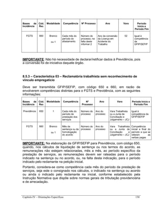 Capítulo IV – Orientações Específicas 130
Bases de
Incidência
Cód.
Rec
Modalidade Competência Nº Processo Ano Vara Período
Início e
Período Fim
FGTS 660 Branco
ou 1
Cada mês do
período do
afastamento
Número do
processo, na
falta deste
informar 2
Ano da conversão
da Licença em
Acidente do
Trabalho
02 Igual à
competência
da
GFIP/SEFIP
IMPORTANTE: Não há necessidade de declarar/retificar dados à Previdência, pois
a conversão foi de iniciativa daquele órgão.
8.5.3 – Característica 03 – Reclamatória trabalhista sem reconhecimento de
vínculo empregatício
Deve ser transmitida GFIP/SEFIP, com código 650 e 660, em razão de
envolverem competências distintas para o FGTS e Previdência, com as seguintes
informações:
Bases de
Incidência
Cód.
Rec
Modalidade Competência Nº
Processo
Ano Vara Período Início e
Período Fim
Previdência 650 1 Cada mês do
período de
prestação dos
serviços
Número do
processo
Ano do
processo
Vara Trabalhista
ou a Junta de
Conciliação e
Julgamento – JCJ
Igual à
competência da
GFIP/SEFIP
FGTS 660 Branco
ou 1
Mês da
sentença ou da
homologação
do acordo
Número do
processo
Ano do
processo
Vara Trabalhista
ou a Junta de
Conciliação e
Julgamento – JCJ
Competência
inicial e final do
período a que se
referem as
verbas pagas
IMPORTANTE: Na elaboração da GFIP/SEFIP para Previdência, com código 650,
quando, nos cálculos de liquidação de sentença ou nos termos do acordo, as
remunerações não estejam relacionadas, mês a mês, ao período específico da
prestação de serviços, as remunerações devem ser rateadas para o período
indicado na sentença ou no acordo, ou, na falta desta indicação, para o período
indicado pelo reclamante na petição inicial.
Portanto, considera-se como competência cada mês do período da prestação de
serviços, seja este o consignado nos cálculos, o indicado na sentença ou acordo
ou ainda o indicado pelo reclamante na inicial, conforme estabelecido pela
Instrução Normativa que dispõe sobre normas gerais de tributação previdenciária
e de arrecadação.
 