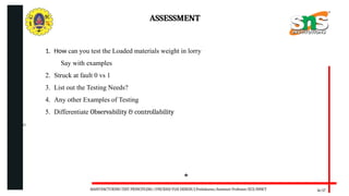06/20/2025
ASSESSMENT
16/17
1. How can you test the Loaded materials weight in lorry
Say with examples
2. Struck at fault 0 vs 1
3. List out the Testing Needs?
4. Any other Examples of Testing
5. Differentiate Observability & controllability
MANUFACTURING TEST PRINCIPLESS//19ECB302-VLSI DESIGN/J.Prabakaran/Assistant Professor/ECE/SNSCT
 