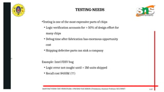 06/20/2025
TESTING-NEEDS
3/17
•Testing is one of the most expensive parts of chips
• Logic verification accounts for > 50% of design effort for
many chips
• Debug time after fabrication has enormous opportunity
cost
• Shipping defective parts can sink a company
Example: Intel FDIV bug
• Logic error not caught until > 1M units shipped
• Recall cost $450M (!!!)
MANUFACTURING TEST PRINCIPLESS//19ECB302-VLSI DESIGN/J.Prabakaran/Assistant Professor/ECE/SNSCT
 