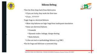 06/20/2025
Silicon Debug
5/17
•Test the first chips back from fabrication
• If you are lucky, they work the first time
• If not…?????????
•Logic bugs vs. electrical failures
• Most chip failures are logic bugs from inadequate simulation
• Some are electrical failures
• Crosstalk
• Dynamic nodes: leakage, charge sharing
• Ratio failures
• A few are tool or methodology failures (e.g. DRC)
•Fix the bugs and fabricate a corrected chip
MANUFACTURING TEST PRINCIPLESS//19ECB302-VLSI DESIGN/J.Prabakaran/Assistant Professor/ECE/SNSCT
 