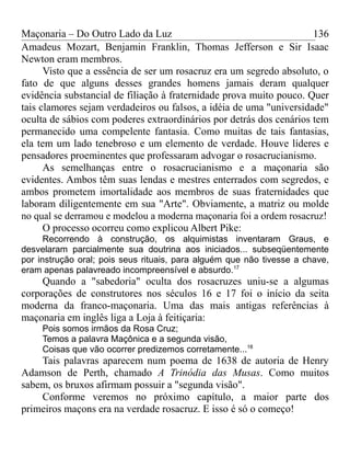 Maçonaria – Do Outro Lado da Luz
Amadeus Mozart, Benjamin Franklin, Thomas Jefferson e Sir Isaac
Newton eram membros.
Visto que a essência de ser um rosacruz era um segredo absoluto, o
fato de que alguns desses grandes homens jamais deram qualquer
evidência substancial de filiação à fraternidade prova muito pouco. Quer
tais clamores sejam verdadeiros ou falsos, a idéia de uma "universidade"
oculta de sábios com poderes extraordinários por detrás dos cenários tem
permanecido uma compelente fantasia. Como muitas de tais fantasias,
ela tem um lado tenebroso e um elemento de verdade. Houve líderes e
pensadores proeminentes que professaram advogar o rosacrucianismo.
As semelhanças entre o rosacrucianismo e a maçonaria são
evidentes. Ambos têm suas lendas e mestres enterrados com segredos, e
ambos prometem imortalidade aos membros de suas fraternidades que
laboram diligentemente em sua "Arte". Obviamente, a matriz ou molde
no qual se derramou e modelou a moderna maçonaria foi a ordem rosacruz!
O processo ocorreu como explicou Albert Pike:
Recorrendo à construção, os alquimistas inventaram Graus, e
desvelaram parcialmente sua doutrina aos iniciados... subseqüentemente
por instrução oral; pois seus rituais, para alguém que não tivesse a chave,
eram apenas palavreado incompreensível e absurdo.17
Quando a "sabedoria" oculta dos rosacruzes uniu-se a algumas
corporações de construtores nos séculos 16 e 17 foi o início da seita
moderna da franco-maçonaria. Uma das mais antigas referências à
maçonaria em inglês liga a Loja à feitiçaria:
Pois somos irmãos da Rosa Cruz;
Temos a palavra Maçônica e a segunda visão,
Coisas que vão ocorrer predizemos corretamente...18
Tais palavras aparecem num poema de 1638 de autoria de Henry
Adamson de Perth, chamado A Trinódia das Musas. Como muitos
sabem, os bruxos afirmam possuir a "segunda visão".
Conforme veremos no próximo capítulo, a maior parte dos
primeiros maçons era na verdade rosacruz. E isso é só o começo!
136
 