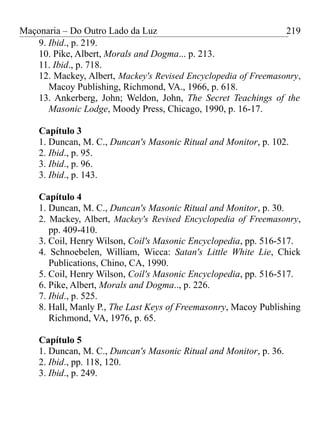 Maçonaria – Do Outro Lado da Luz
9. Ibid., p. 219.
10. Pike, Albert, Morals and Dogma... p. 213.
11. Ibid., p. 718.
12. Mackey, Albert, Mackey's Revised Encyclopedia of Freemasonry,
Macoy Publishing, Richmond, VA., 1966, p. 618.
13. Ankerberg, John; Weldon, John, The Secret Teachings of the
Masonic Lodge, Moody Press, Chicago, 1990, p. 16-17.
Capítulo 3
1. Duncan, M. C., Duncan's Masonic Ritual and Monitor, p. 102.
2. Ibid., p. 95.
3. Ibid., p. 96.
3. Ibid., p. 143.
Capítulo 4
1. Duncan, M. C., Duncan's Masonic Ritual and Monitor, p. 30.
2. Mackey, Albert, Mackey's Revised Encyclopedia of Freemasonry,
pp. 409-410.
3. Coil, Henry Wilson, Coil's Masonic Encyclopedia, pp. 516-517.
4. Schnoebelen, William, Wicca: Satan's Little White Lie, Chick
Publications, Chino, CA, 1990.
5. Coil, Henry Wilson, Coil's Masonic Encyclopedia, pp. 516-517.
6. Pike, Albert, Morals and Dogma.., p. 226.
7. Ibid., p. 525.
8. Hall, Manly P., The Last Keys of Freemasonry, Macoy Publishing
Richmond, VA, 1976, p. 65.
Capítulo 5
1. Duncan, M. C., Duncan's Masonic Ritual and Monitor, p. 36.
2. Ibid., pp. 118, 120.
3. Ibid., p. 249.
219
 
