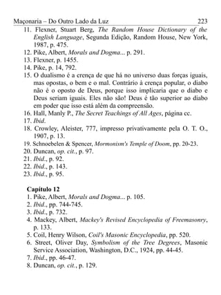 Maçonaria – Do Outro Lado da Luz
11. Flexner, Stuart Berg, The Random House Dictionary of the
English Language, Segunda Edição, Random House, New York,
1987, p. 475.
12. Pike, Albert, Morals and Dogma... p. 291.
13. Flexner, p. 1455.
14. Pike, p. 14, 792.
15. O dualismo é a crença de que há no universo duas forças iguais,
mas opostas, o bem e o mal. Contrário à crença popular, o diabo
não é o oposto de Deus, porque isso implicaria que o diabo e
Deus seriam iguais. Eles não são! Deus é tão superior ao diabo
em poder que isso está além da compreensão.
16. Hall, Manly P., The Secret Teachings of All Ages, página cc.
17. Ibid.
18. Crowley, Aleister, 777, impresso privativamente pela O. T. O.,
1907, p. 13.
19. Schnoebelen & Spencer, Mormonism's Temple of Doom, pp. 20-23.
20. Duncan, op. cit., p. 97.
21. Ibid., p. 92.
22. Ibid., p. 143.
23. Ibid., p. 95.
Capítulo 12
1. Pike, Albert, Morals and Dogma... p. 105.
2. Ibid., pp. 744-745.
3. Ibid., p. 732.
4. Mackey, Albert, Mackey's Revised Encyclopedia of Freemasonry,
p. 133.
5. Coil, Henry Wilson, Coil's Masonic Encyclopedia, pp. 520.
6. Street, Oliver Day, Symbolism of the Tree Degrees, Masonic
Service Association, Washington, D.C., 1924, pp. 44-45.
7. Ibid., pp. 46-47.
8. Duncan, op. cit., p. 129.
223
 