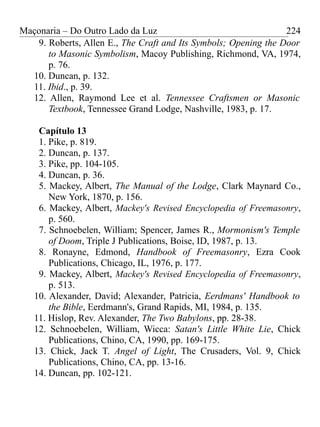 Maçonaria – Do Outro Lado da Luz
9. Roberts, Allen E., The Craft and Its Symbols; Opening the Door
to Masonic Symbolism, Macoy Publishing, Richmond, VA, 1974,
p. 76.
10. Duncan, p. 132.
11. Ibid., p. 39.
12. Allen, Raymond Lee et al. Tennessee Craftsmen or Masonic
Textbook, Tennessee Grand Lodge, Nashville, 1983, p. 17.
Capítulo 13
1. Pike, p. 819.
2. Duncan, p. 137.
3. Pike, pp. 104-105.
4. Duncan, p. 36.
5. Mackey, Albert, The Manual of the Lodge, Clark Maynard Co.,
New York, 1870, p. 156.
6. Mackey, Albert, Mackey's Revised Encyclopedia of Freemasonry,
p. 560.
7. Schnoebelen, William; Spencer, James R., Mormonism's Temple
of Doom, Triple J Publications, Boise, ID, 1987, p. 13.
8. Ronayne, Edmond, Handbook of Freemasonry, Ezra Cook
Publications, Chicago, IL, 1976, p. 177.
9. Mackey, Albert, Mackey's Revised Encyclopedia of Freemasonry,
p. 513.
10. Alexander, David; Alexander, Patricia, Eerdmans' Handbook to
the Bible, Eerdmann's, Grand Rapids, MI, 1984, p. 135.
11. Hislop, Rev. Alexander, The Two Babylons, pp. 28-38.
12. Schnoebelen, William, Wicca: Satan's Little White Lie, Chick
Publications, Chino, CA, 1990, pp. 169-175.
13. Chick, Jack T. Angel of Light, The Crusaders, Vol. 9, Chick
Publications, Chino, CA, pp. 13-16.
14. Duncan, pp. 102-121.
224
 