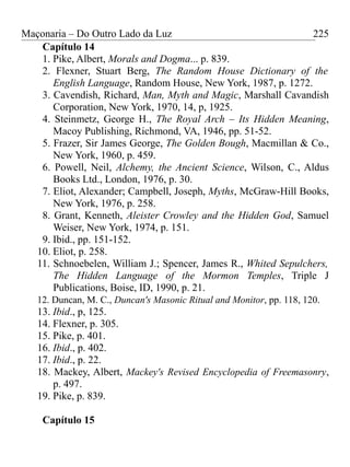 Maçonaria – Do Outro Lado da Luz
Capítulo 14
1. Pike, Albert, Morals and Dogma... p. 839.
2. Flexner, Stuart Berg, The Random House Dictionary of the
English Language, Random House, New York, 1987, p. 1272.
3. Cavendish, Richard, Man, Myth and Magic, Marshall Cavandish
Corporation, New York, 1970, 14, p, 1925.
4. Steinmetz, George H., The Royal Arch – Its Hidden Meaning,
Macoy Publishing, Richmond, VA, 1946, pp. 51-52.
5. Frazer, Sir James George, The Golden Bough, Macmillan & Co.,
New York, 1960, p. 459.
6. Powell, Neil, Alchemy, the Ancient Science, Wilson, C., Aldus
Books Ltd., London, 1976, p. 30.
7. Eliot, Alexander; Campbell, Joseph, Myths, McGraw-Hill Books,
New York, 1976, p. 258.
8. Grant, Kenneth, Aleister Crowley and the Hidden God, Samuel
Weiser, New York, 1974, p. 151.
9. Ibid., pp. 151-152.
10. Eliot, p. 258.
11. Schnoebelen, William J.; Spencer, James R., Whited Sepulchers,
The Hidden Language of the Mormon Temples, Triple J
Publications, Boise, ID, 1990, p. 21.
12. Duncan, M. C., Duncan's Masonic Ritual and Monitor, pp. 118, 120.
13. Ibid., p, 125.
14. Flexner, p. 305.
15. Pike, p. 401.
16. Ibid., p. 402.
17. Ibid., p. 22.
18. Mackey, Albert, Mackey's Revised Encyclopedia of Freemasonry,
p. 497.
19. Pike, p. 839.
Capítulo 15
225
 