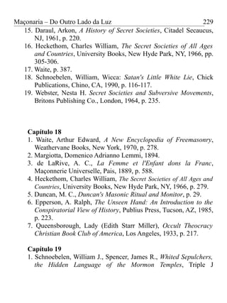 Maçonaria – Do Outro Lado da Luz
15. Daraul, Arkon, A History of Secret Societies, Citadel Secaucus,
NJ, 1961, p. 220.
16. Heckethom, Charles William, The Secret Societies of All Ages
and Countries, University Books, New Hyde Park, NY, 1966, pp.
305-306.
17. Waite, p. 387.
18. Schnoebelen, William, Wicca: Satan's Little White Lie, Chick
Publications, Chino, CA, 1990, p. 116-117.
19. Webster, Nesta H. Secret Societies and Subversive Movements,
Britons Publishing Co., London, 1964, p. 235.
Capítulo 18
1. Waite, Arthur Edward, A New Encyclopedia of Freemasonry,
Weathervane Books, New York, 1970, p. 278.
2. Margiotta, Domenico Adrianno Lemmi, 1894.
3. de LaRive, A. C., La Femme et l'Enfant dons la Franc,
Maçonnerie Universelle, Pais, 1889, p. 588.
4. Heckethom, Charles William, The Secret Societies of All Ages and
Countries, University Books, New Hyde Park, NY, 1966, p. 279.
5. Duncan, M. C., Duncan's Masonic Ritual and Monitor, p. 29.
6. Epperson, A. Ralph, The Unseen Hand: An Introduction to the
Conspiratorial View of History, Publius Press, Tucson, AZ, 1985,
p. 223.
7. Queensborough, Lady (Edith Starr Miller), Occult Theocracy
Christian Book Club of America, Los Angeles, 1933, p. 217.
Capítulo 19
1. Schnoebelen, William J., Spencer, James R., Whited Sepulchers,
the Hidden Language of the Mormon Temples, Triple J
229
 